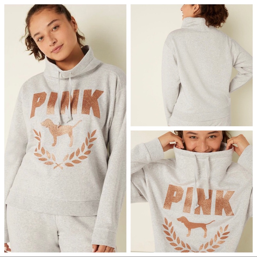 Vs Victorias Secret Pink Campus Cowl Neck Sweater Jacket Top Grey Rose Gold XS